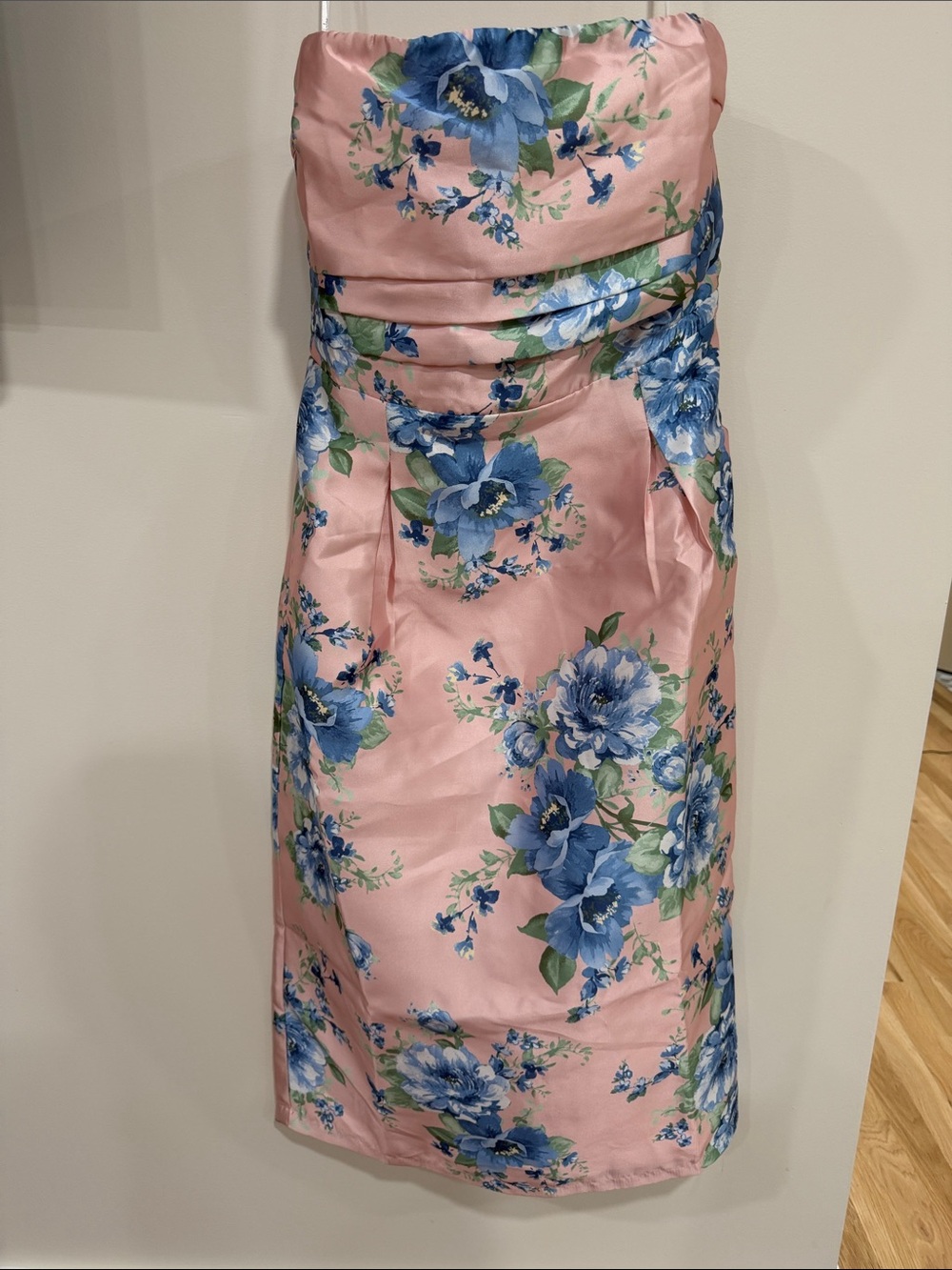 Lulu's Pink Strapless Midi Dress with Blue Floral Print